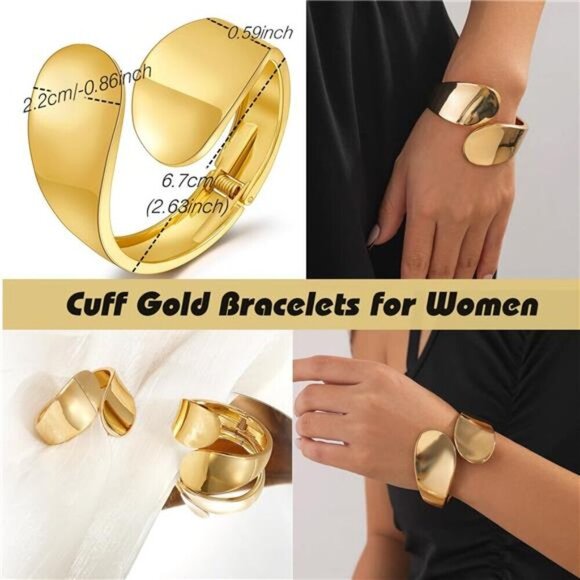 Elegant Cuff Gold Bracelet for Women Modern Open Wrap Design, Durable Gold Plate - Picture 2 of 7